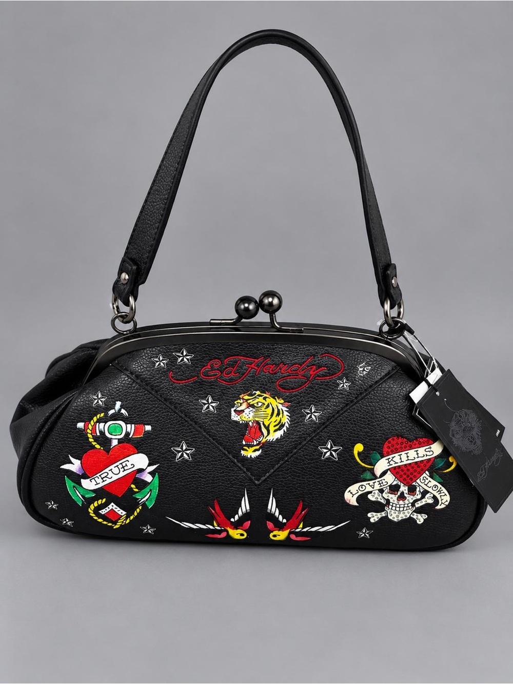 Ed Hardy Black Kiss Lock Clutch Tiger Graphic Embroidered Detachable Strap